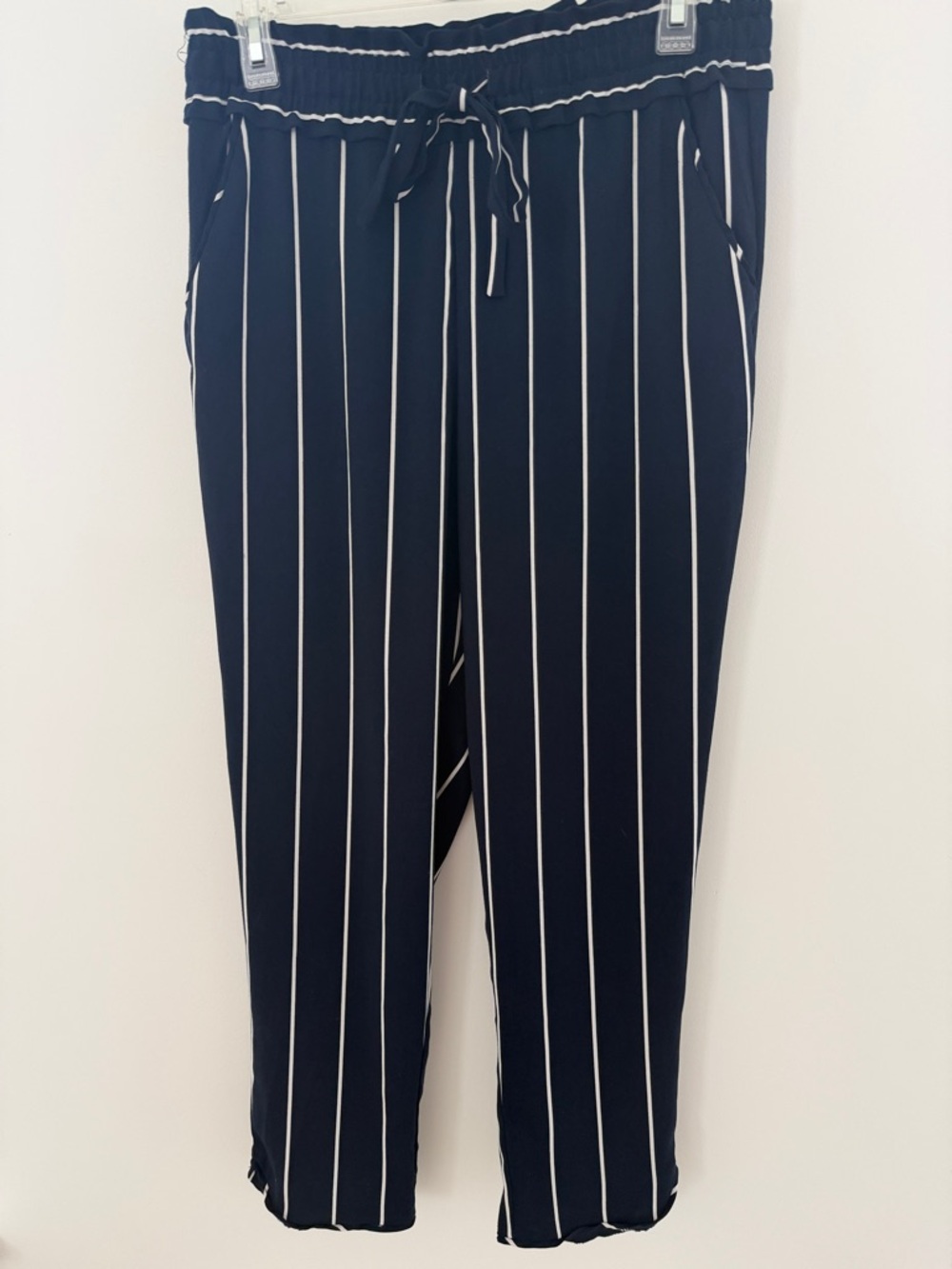 Zara Striped Navy Drawstring Trousers with White Pinstripes Womens Medium
